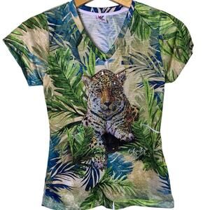 Trilha D'aqua Top Women's Size Medium Tiger Sequin V-Neck Safari Sparkle
